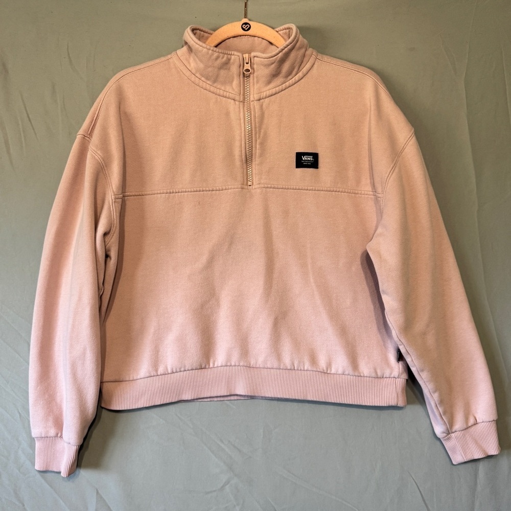 Vans Womens 1/4 Zip Cropped Pullover Size Small Pink Lounge Gym Logo Skater READ